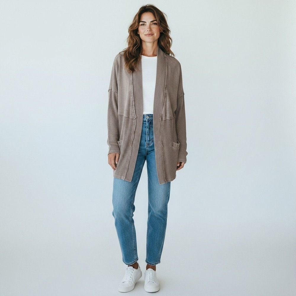 Mixed Media Waffle Knit Open Front Cardigan Taupe Brown Pocket earthly boho SZ L